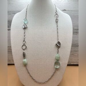 Beautiful Boho Unsigned Silver Tone Blue Faux Glass Bead Long Simple Necklace